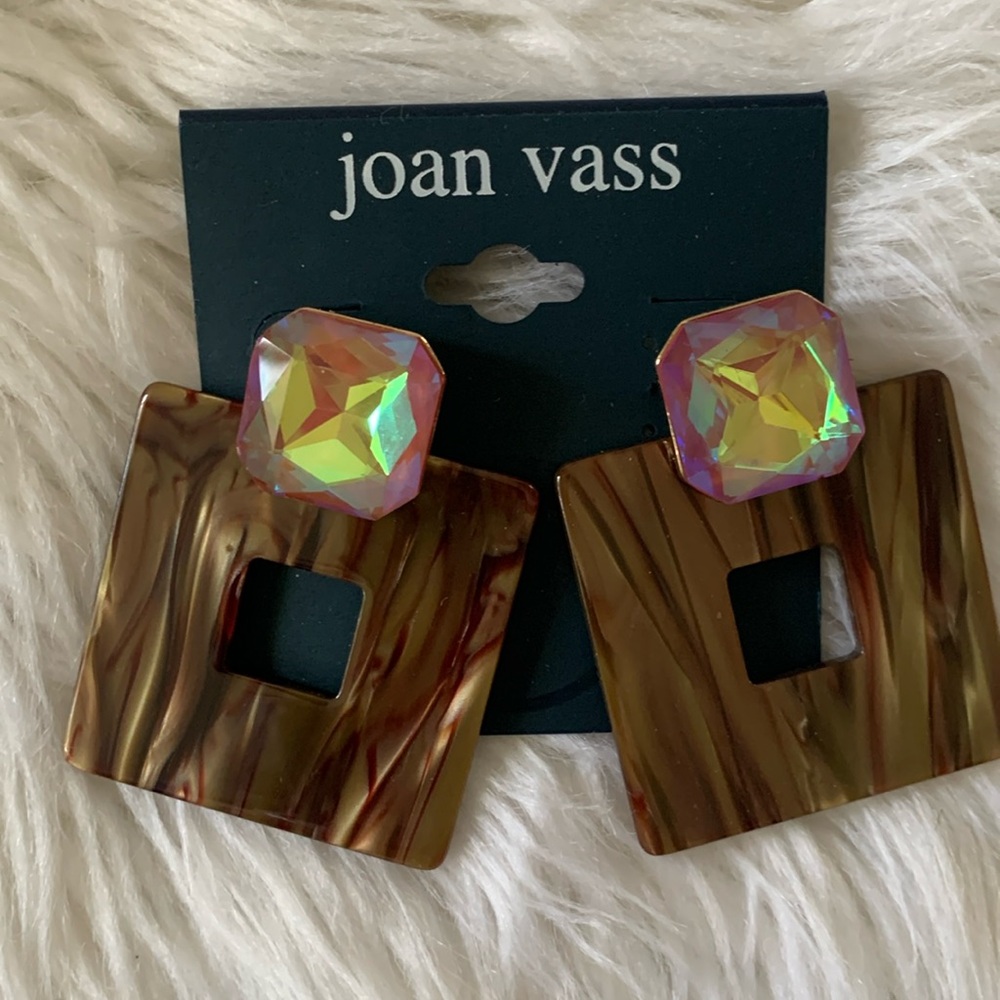 Joan Vass Resin and Crystal Square Door Knocker Earrings! NWT!